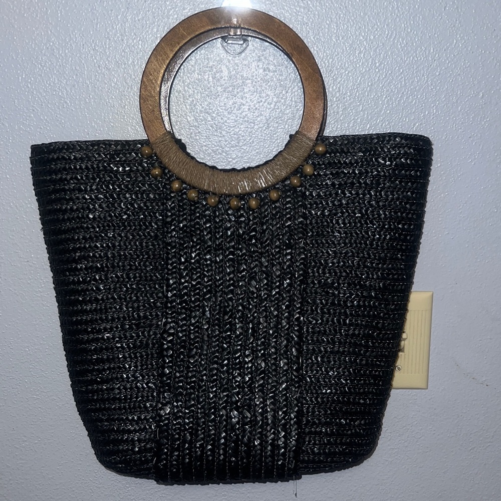 Black Woven Tote Bag with Wooden Handles